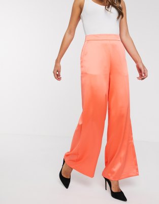 ASOS DESIGN SATIN WIDE LEG PANTS IN CORAL-ORANGE,DT509