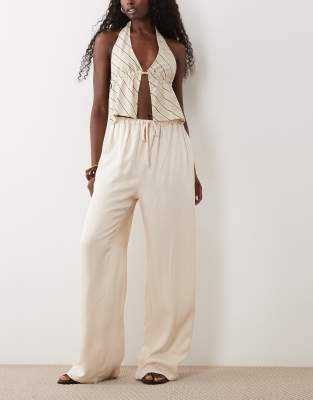 Asos Design Satin Wide Leg Pants In Neutral