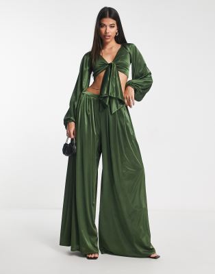 Asos Design Satin Wide Leg Pants In Khaki - Part Of A Set-green