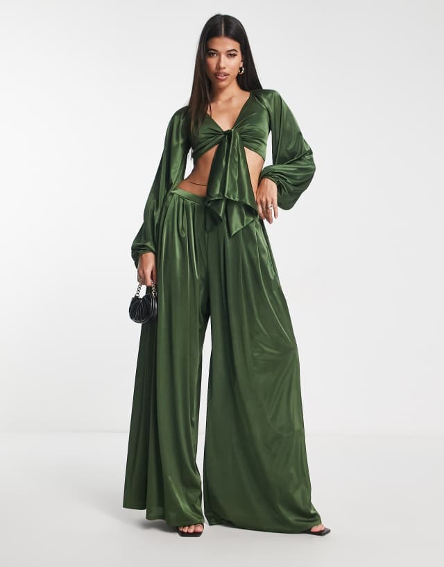 ASOS DESIGN satin wide leg pants in khaki - part of a set