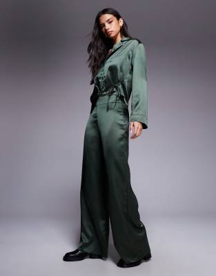 Asos Design Satin Wide Leg Pants In Green