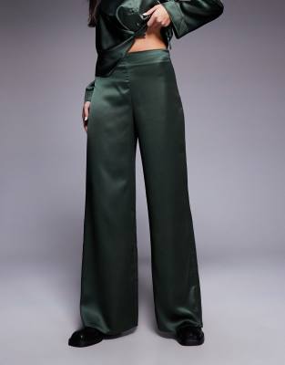 Asos Design Satin Wide Leg Pants In Green