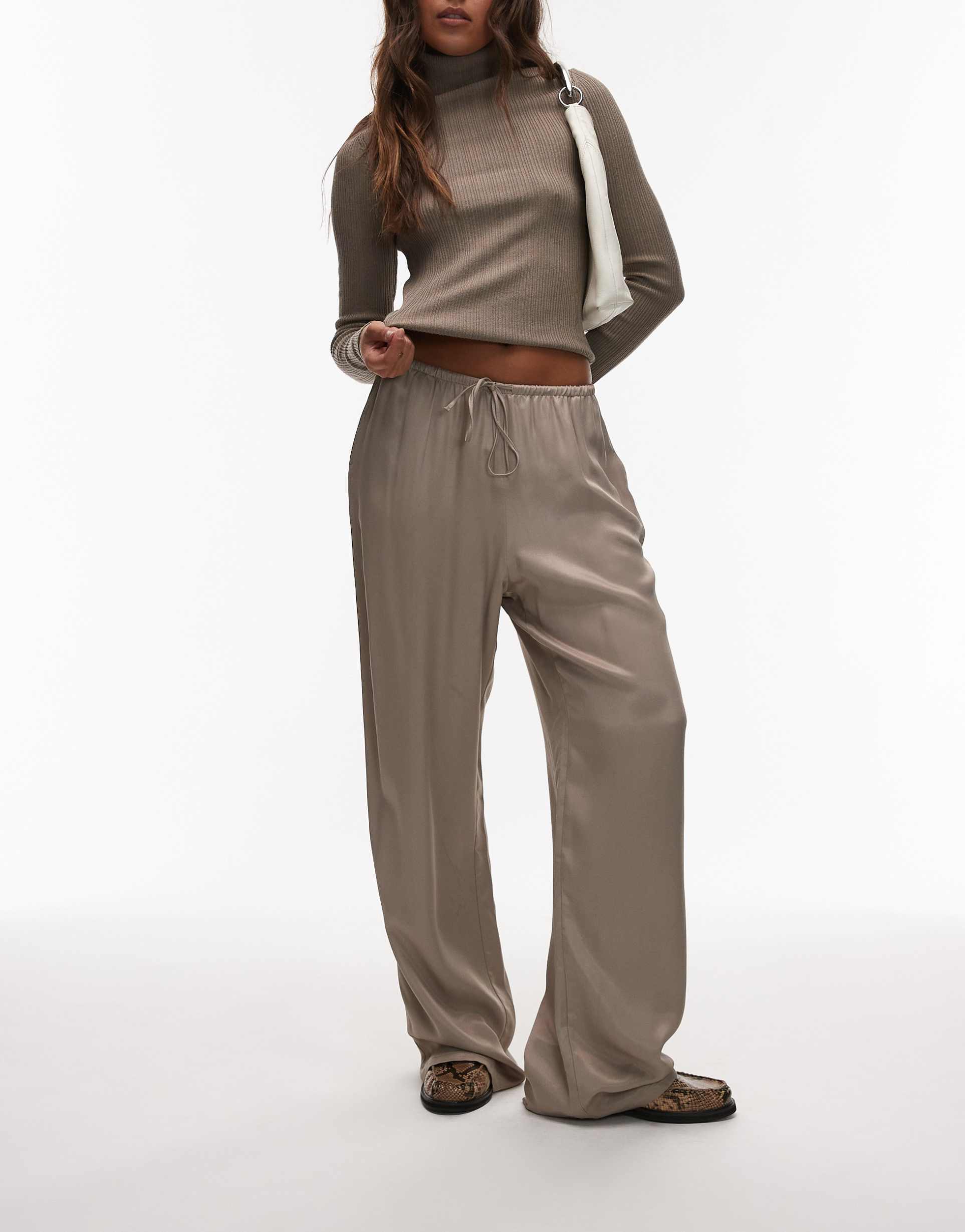 asos design satin wide leg pants in mocha - part of a set