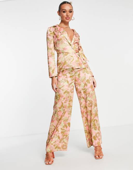 Light pink floral jacquard flat-front Wide leg Pants