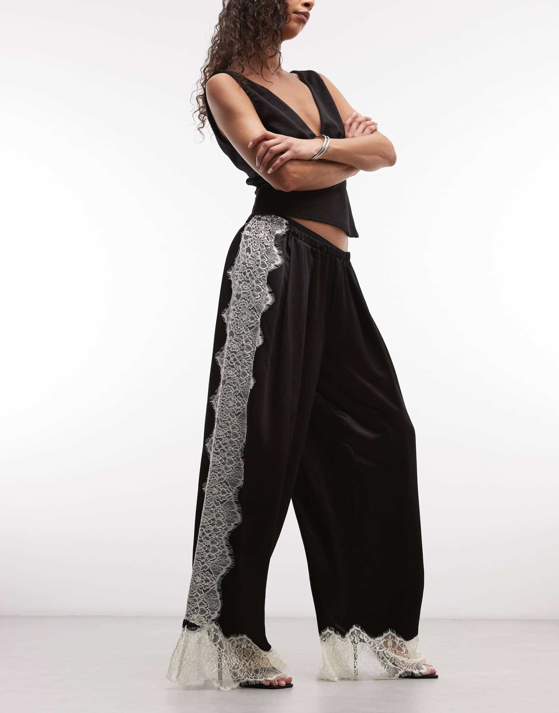 asos design satin wide leg pants with lace in black