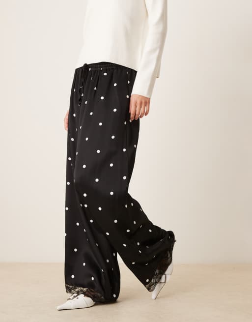 ASOS DESIGN satin wide leg pants with lace trim in black polka dot, 5 of 5