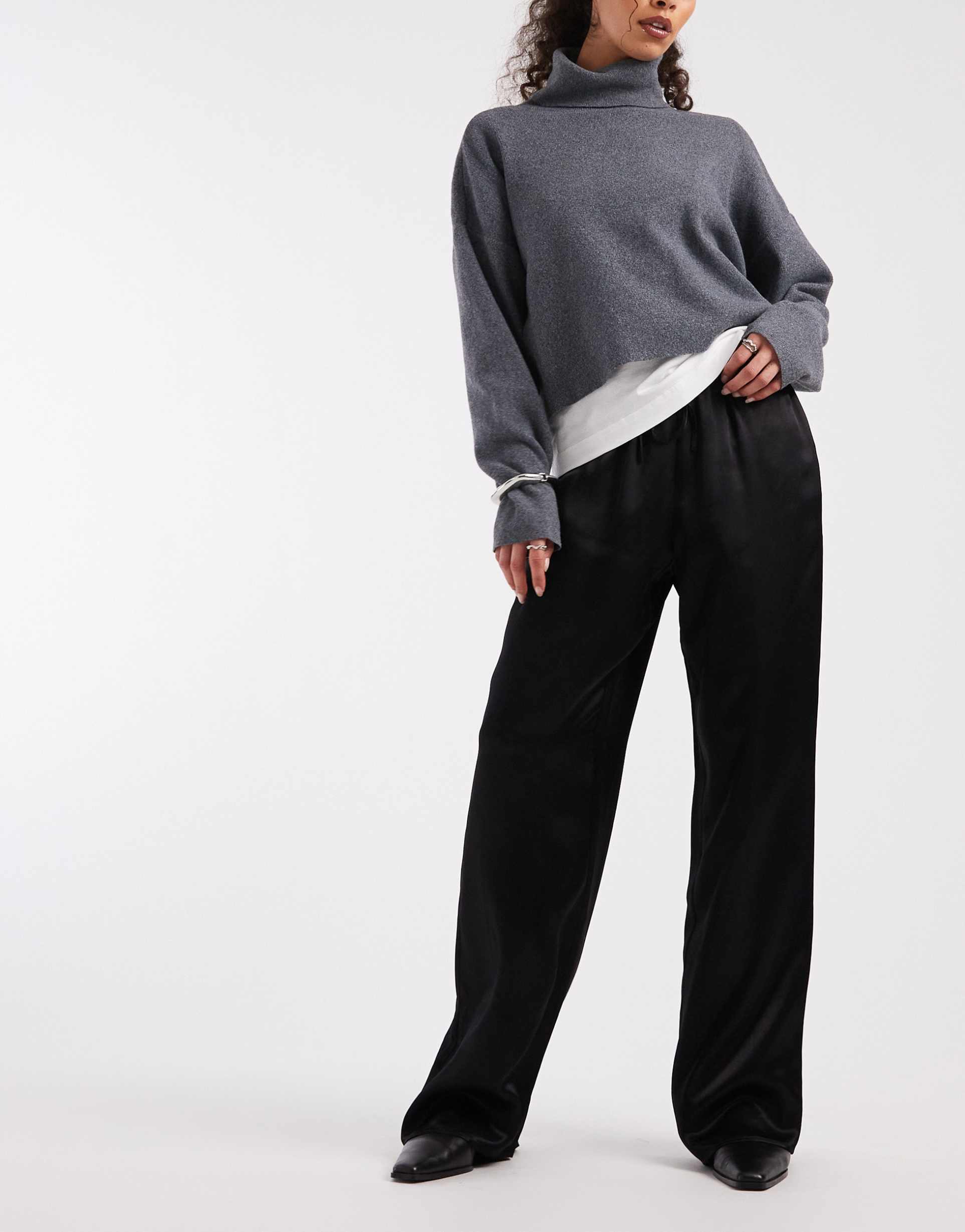 asos design satin wide leg pull on pants in black