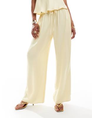 Asos Design Satin Wide Leg Pull On Pants In Yellow