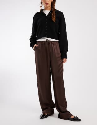 Asos Design Satin Wide Leg Pull On Pants In Brown