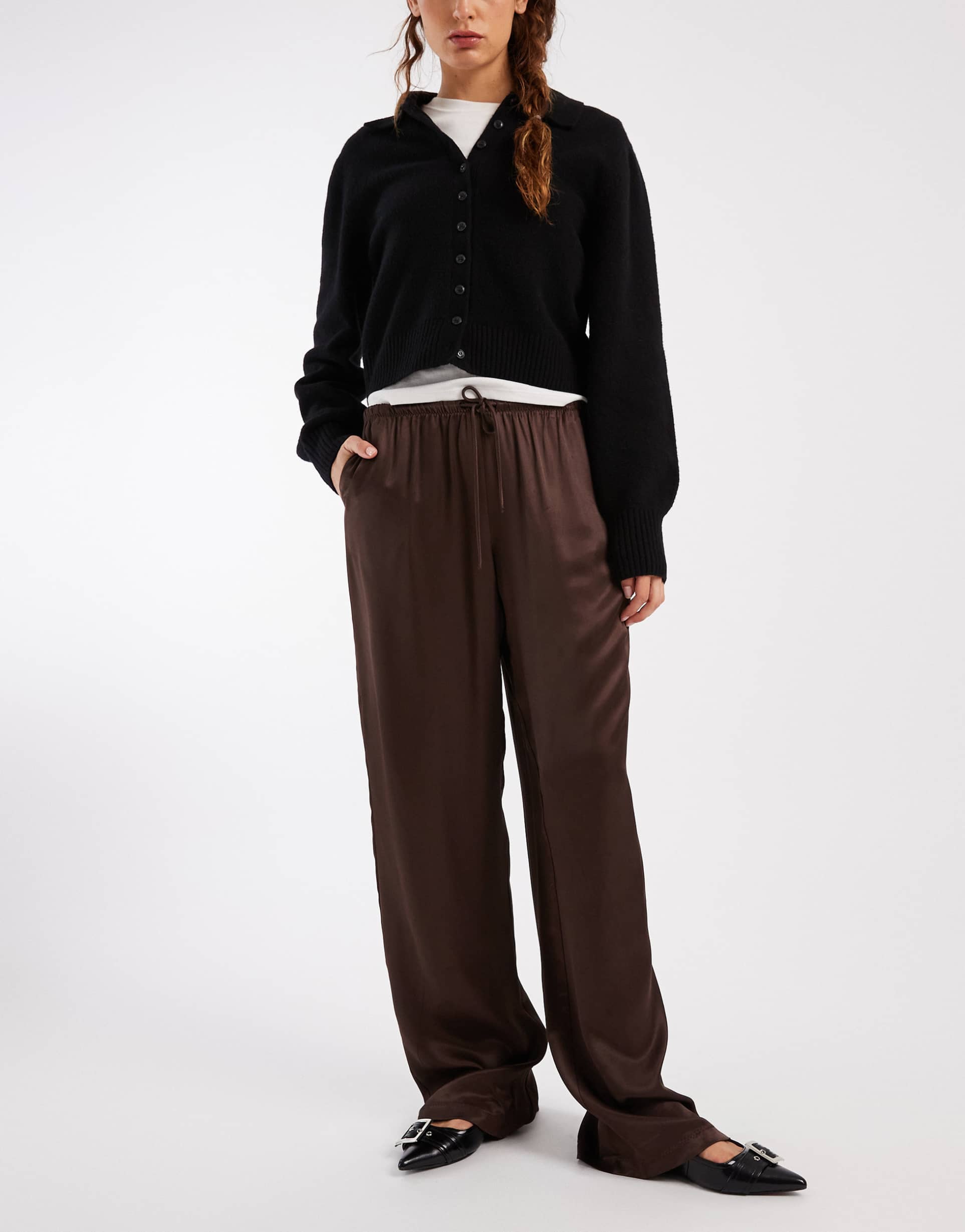 asos design satin wide leg pull on pants in chocolate
