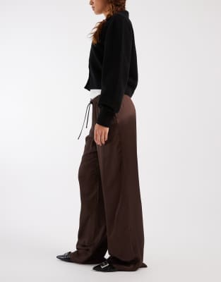 Asos Design Satin Wide Leg Pull On Pants In Brown
