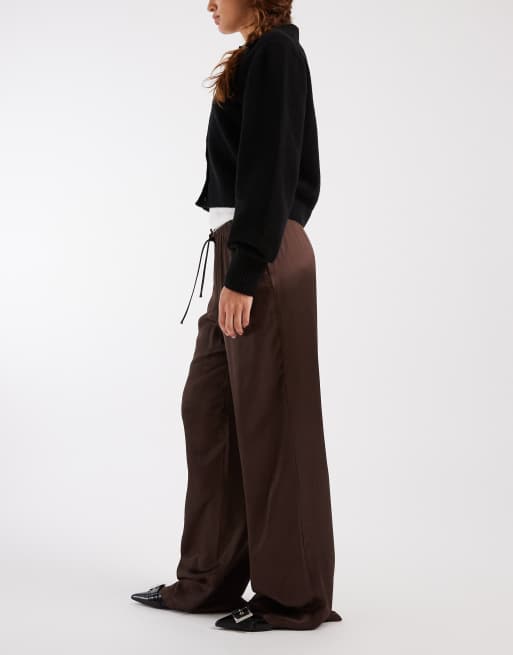 ASOS DESIGN satin wide leg pull on pants in chocolate