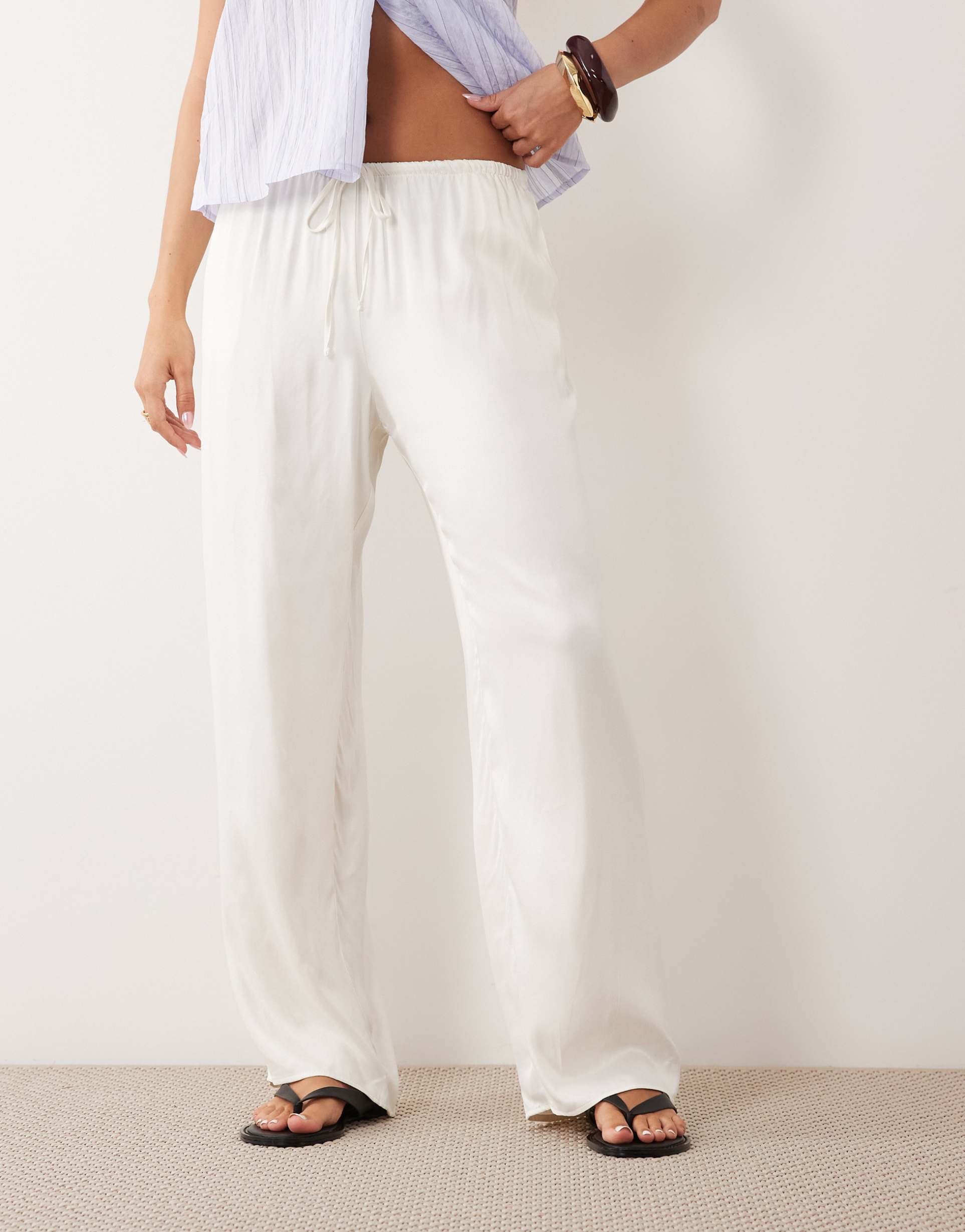 asos design satin wide leg pull on pants in ivory