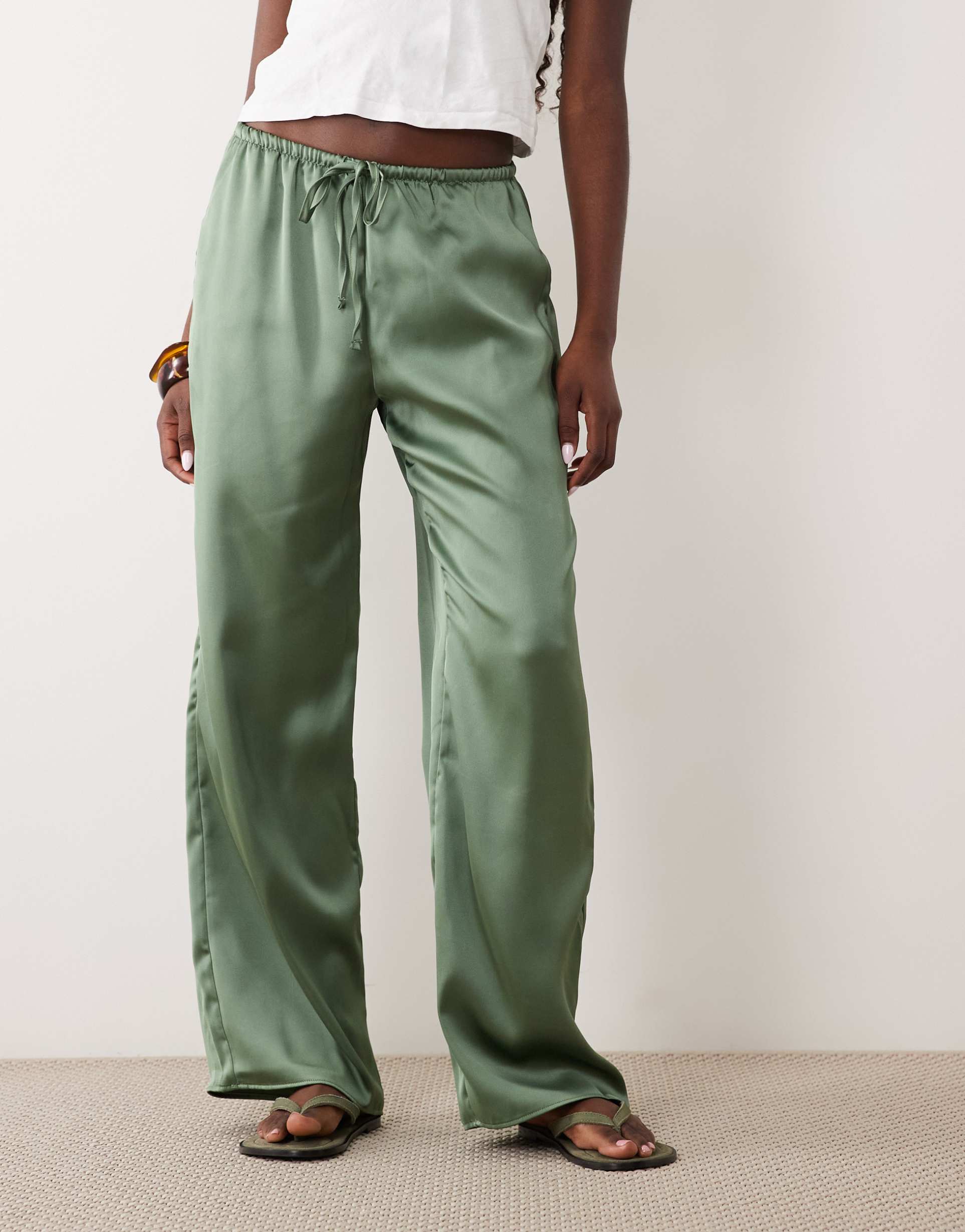 asos design satin wide leg pull on pants in khaki