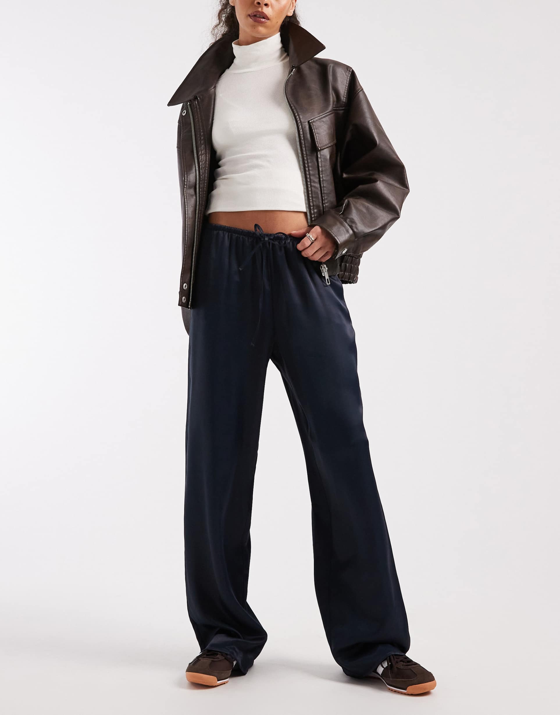 asos design satin wide leg pull on pants in navy