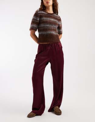Asos Design Satin Wide Leg Pull On Pants In Burgundy