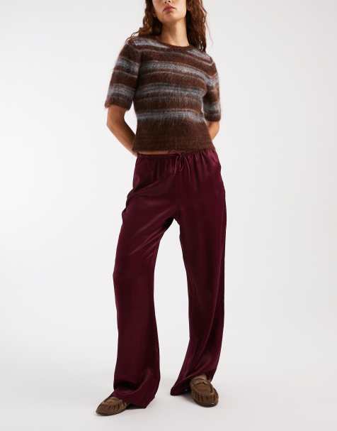 ASOS DESIGN satin wide leg pull on pants in plum - view 1