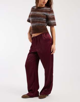 Asos Design Satin Wide Leg Pull On Pants In Burgundy