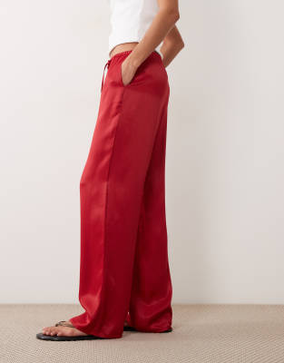 Asos Design Satin Wide Leg Pull On Pants In Red