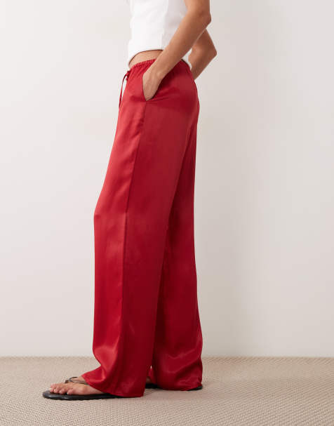 ASOS DESIGN satin wide leg pull on pants in red - view 1