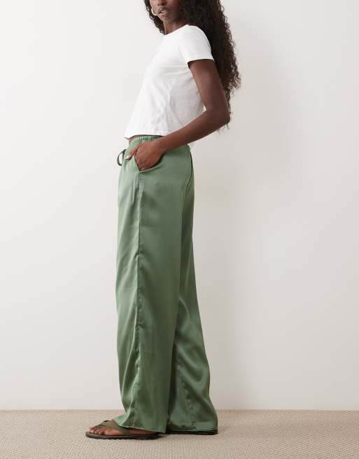 ASOS DESIGN satin wide leg pull on trouser in khaki, 2 of 5