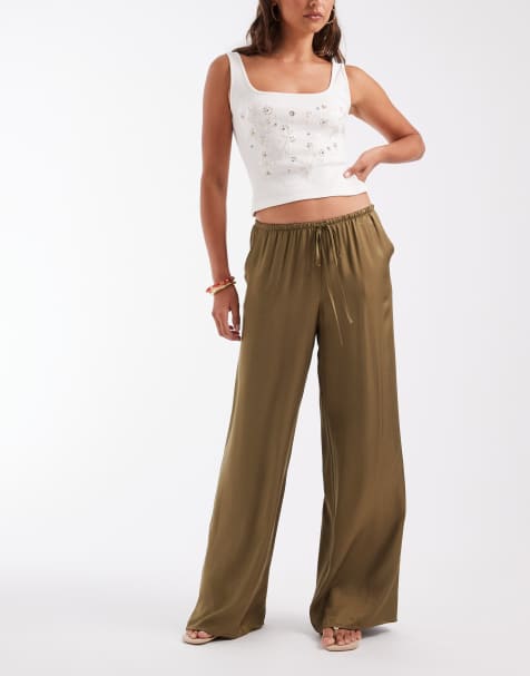 ASOS DESIGN satin wide leg pull on trouser in olive - view 1
