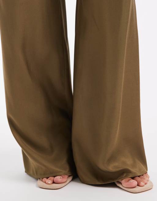 ASOS DESIGN satin wide leg pull on trouser in olive, 5 of 5
