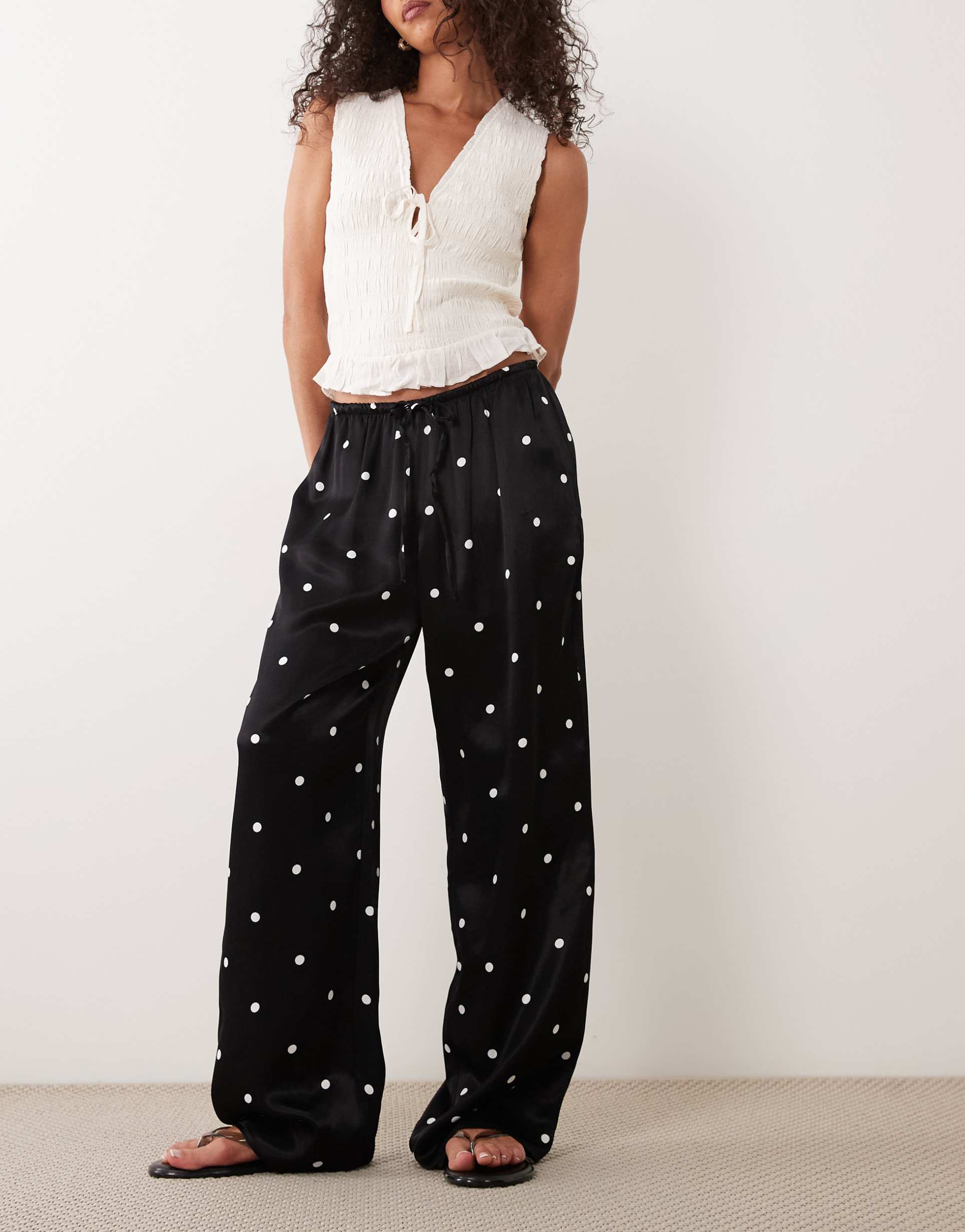 asos design satin wide leg pull on trousers in polka dots