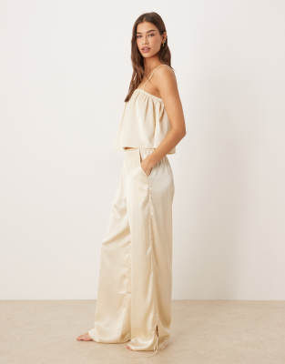ASOS DESIGN ASOS DESIGN satin wide leg pyjama trouser in ivory-White