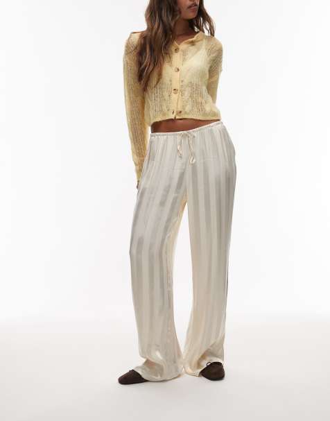 ASOS DESIGN satin wide leg trouser in cream stripe co ord - view 1