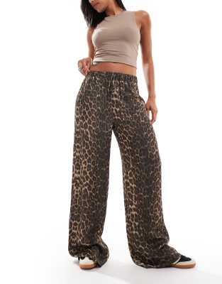 ASOS DESIGN satin wide leg trouser in leopard print-Multi