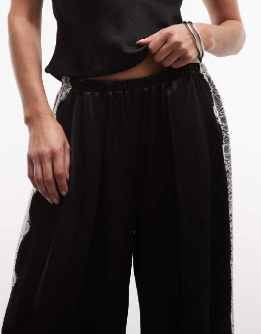 ASOS DESIGN satin wide leg trousers with lace in black, 3 of 5