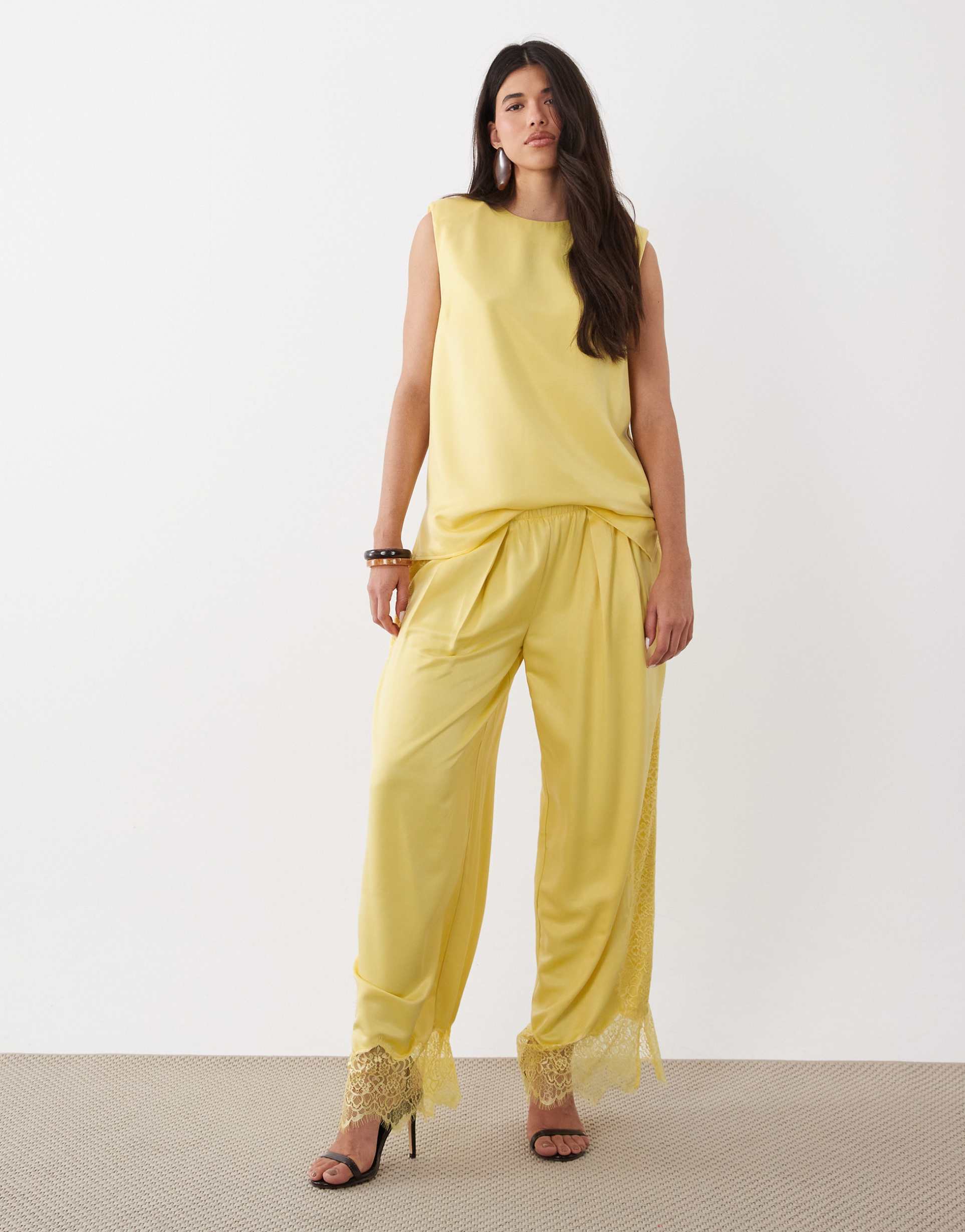 ASOS DESIGN satin wide leg trousers with lace in lemon yellow