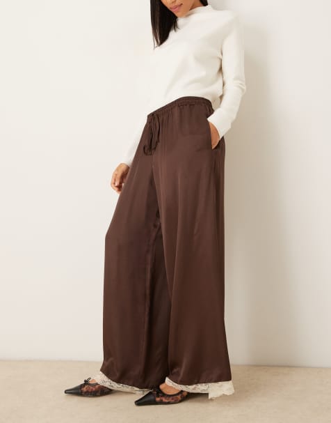 ASOS DESIGN satin wide leg trousers with lace trim in chocolate - view 1