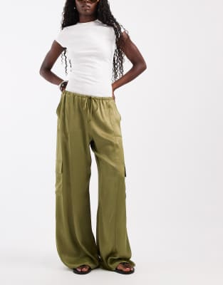 Asos Design Satin Wide Leg Utility Pants In Green