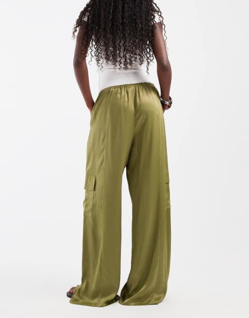 ASOS DESIGN satin wide leg utility pants in olive, 4 of 5