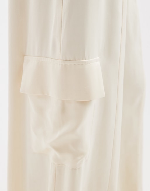 ASOS DESIGN satin wide leg utility trouser in ecru, 4 of 5