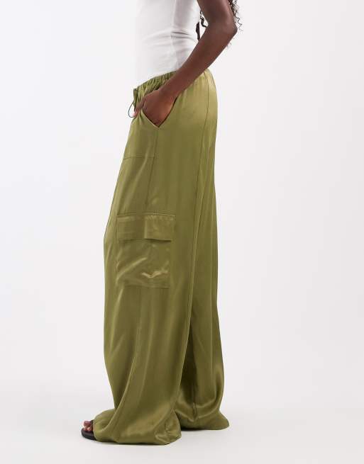 ASOS DESIGN satin wide leg utility trouser in olive, 2 of 5