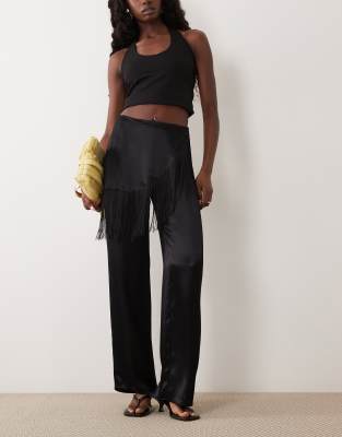 Asos Design Satin Wide Leg Wrap Fringe Pants In Black