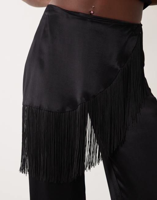 ASOS DESIGN satin wide leg wrap fringe trouser in black, 3 of 5