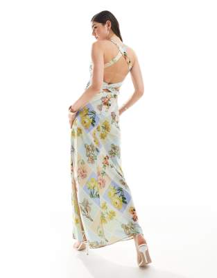 Asos Design Satin Wide Neck Cross Back Strap Maxi Dress In Postcard Print-multi