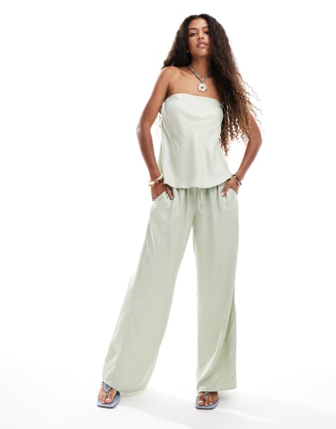 ASOS DESIGN satin wide pull on trouser in sage co ord - view 1