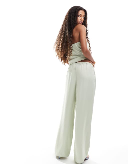ASOS DESIGN satin wide pull on trouser in sage co ord, 2 of 5