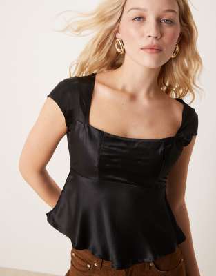 Asos Design Satin Wide Square Neck Blouse In Black