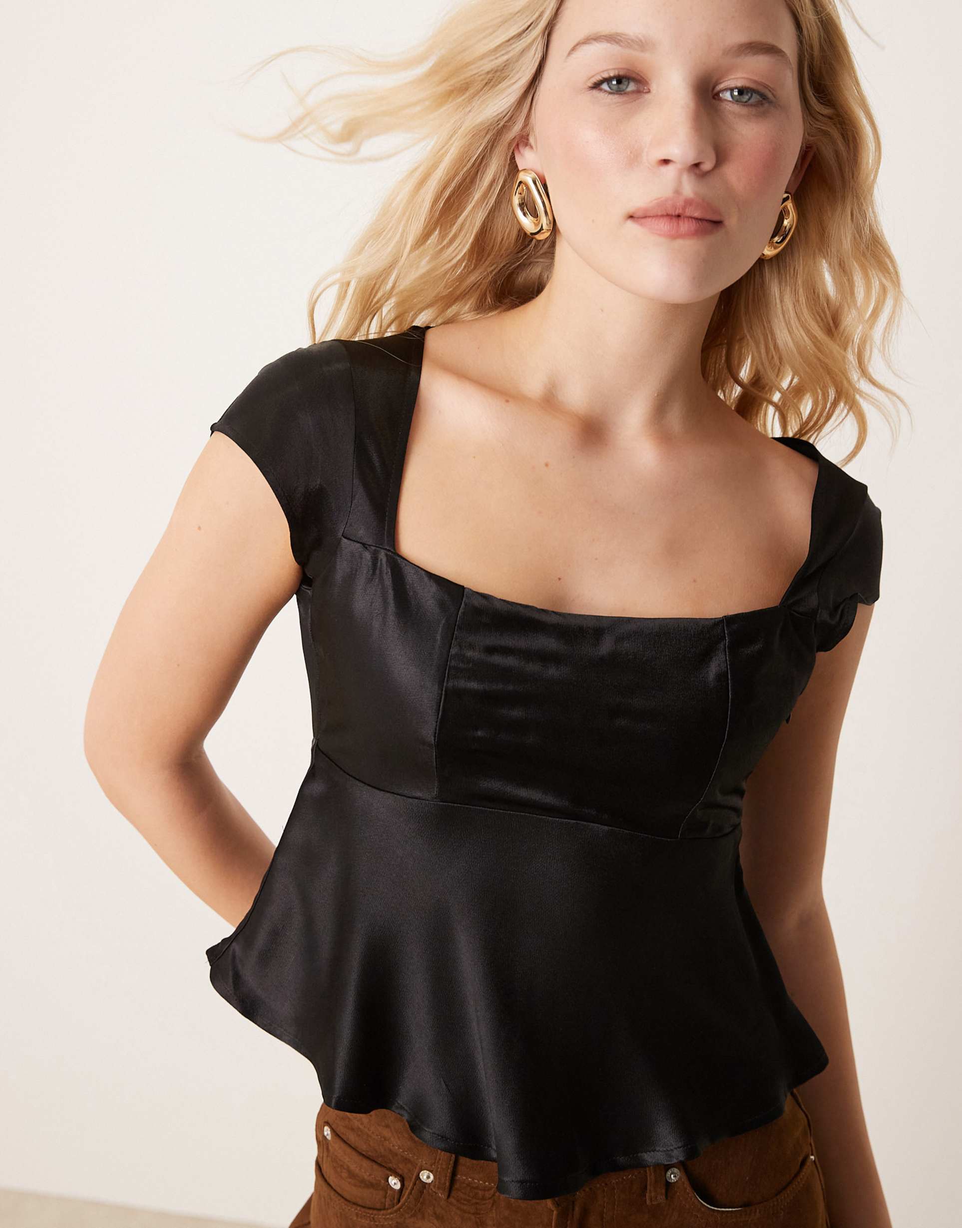 asos design satin wide square neck blouse in black