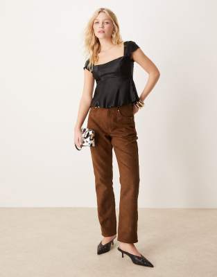 Asos Design Satin Wide Square Neck Blouse In Black