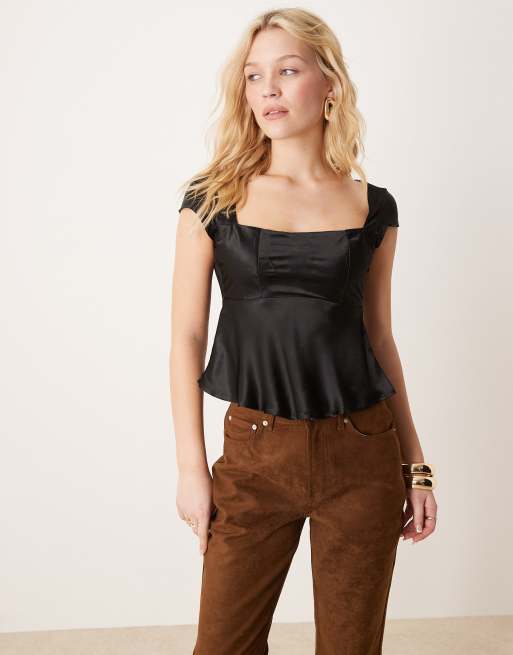ASOS DESIGN satin wide square neck blouse in black, 3 of 4