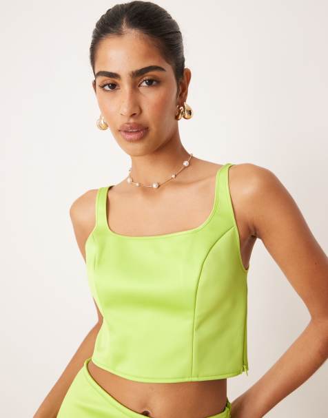 ASOS DESIGN satin wide square neck cami top in lime green - part of a set - view 1