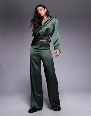 Asos Design Satin Wrap And Drape Detail Shirt In Green