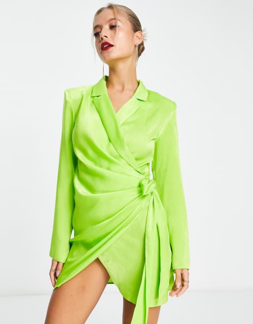 ASOS DESIGN satin wrap blazer mini dress in lime